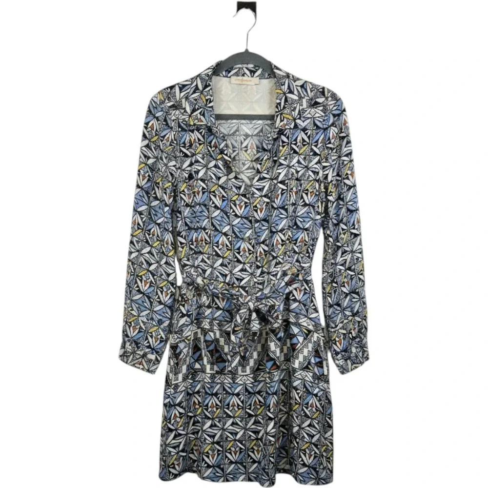 Tory Burch Silk Geometric Mosaic Print Shirt Dress Blue White Size‎ 6 11161445